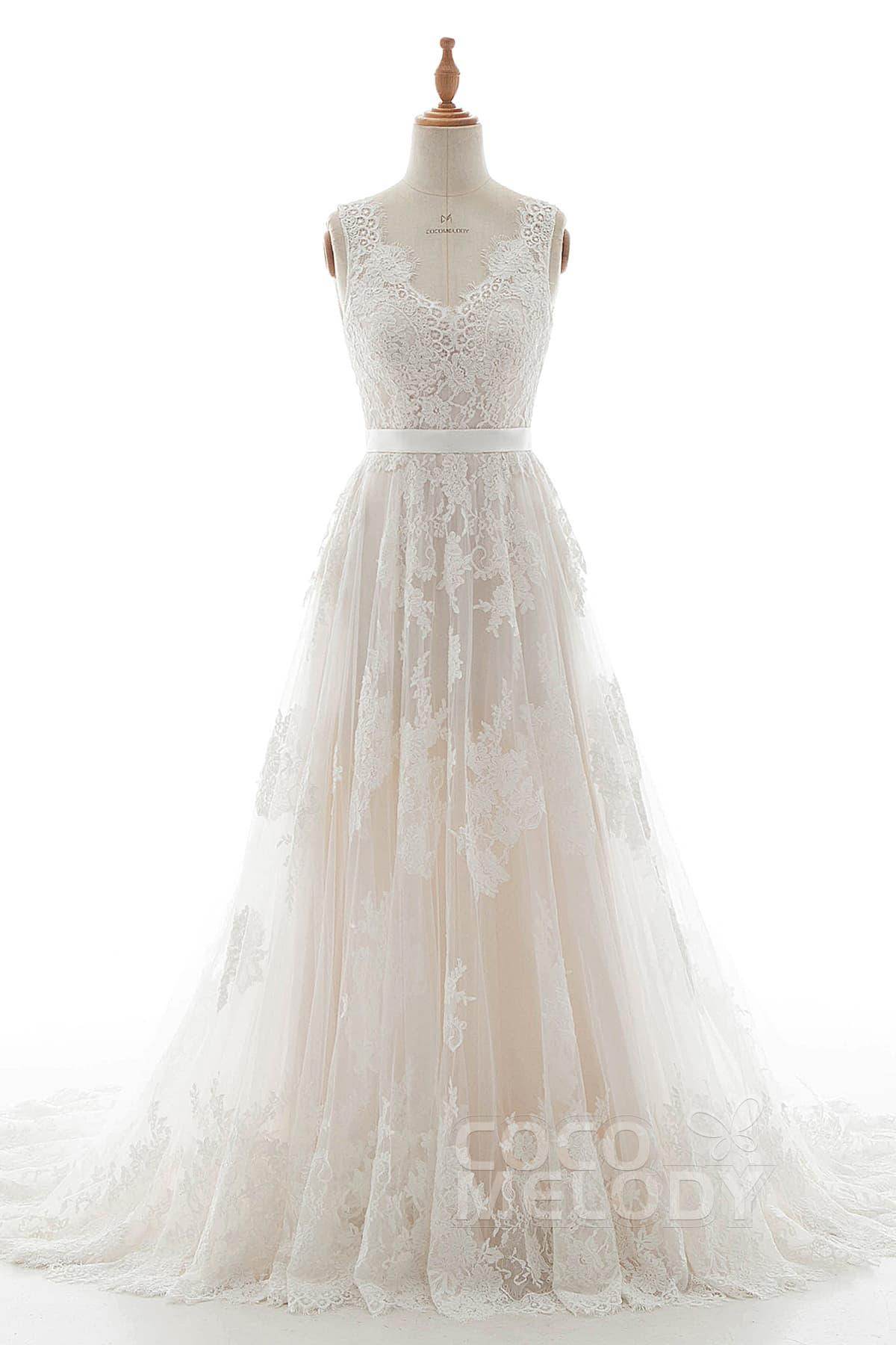 A-Line Court Train Tulle Lace and Satin Wedding Dress LD5039 - COCOMELODY